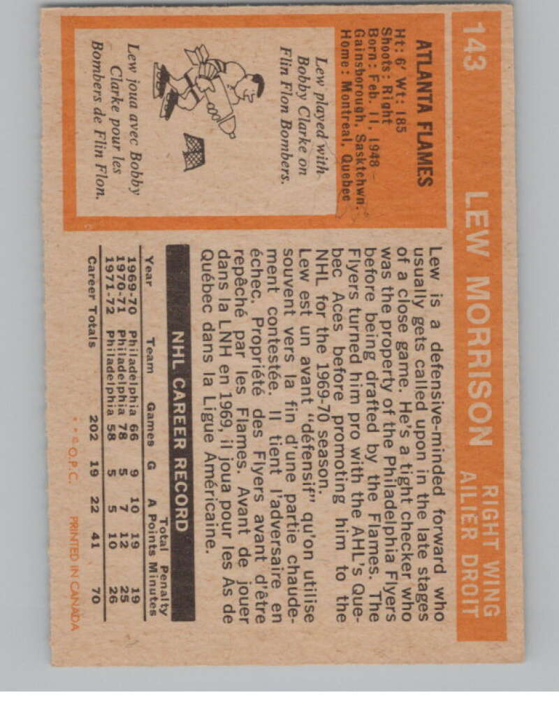 1972-73 O-Pee-Chee #143 Lew Morrison  Atlanta Flames  V99510 Image 2
