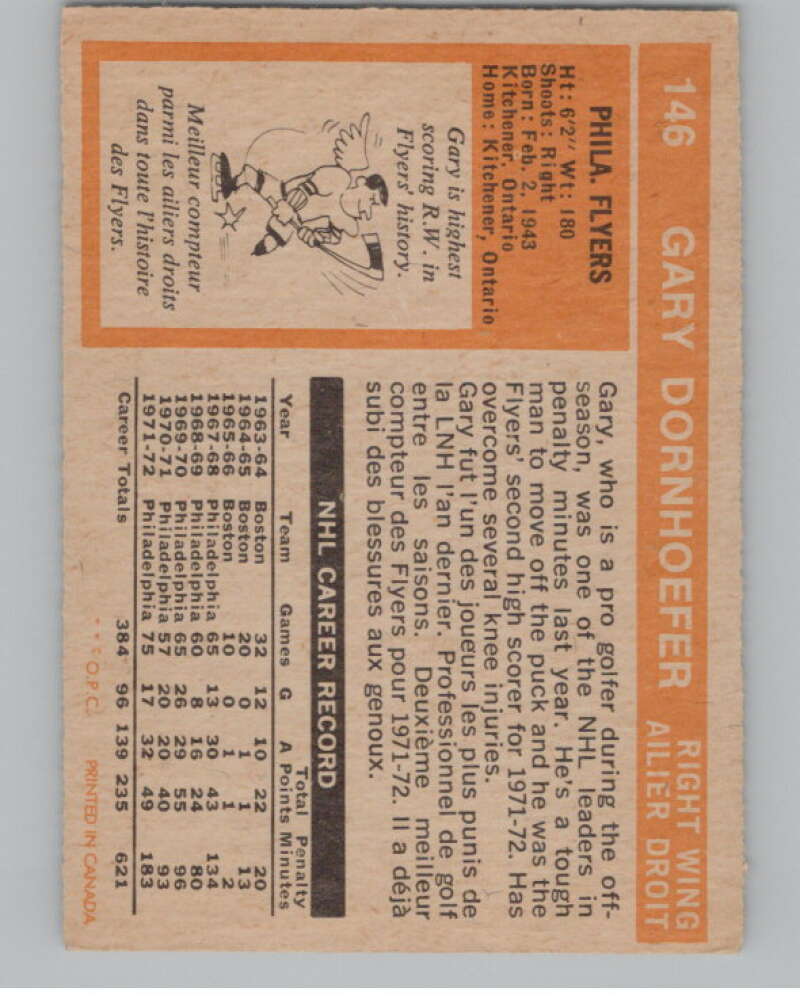 1972-73 O-Pee-Chee #146 Gary Dornhoefer  Philadelphia Flyers  V99514 Image 2
