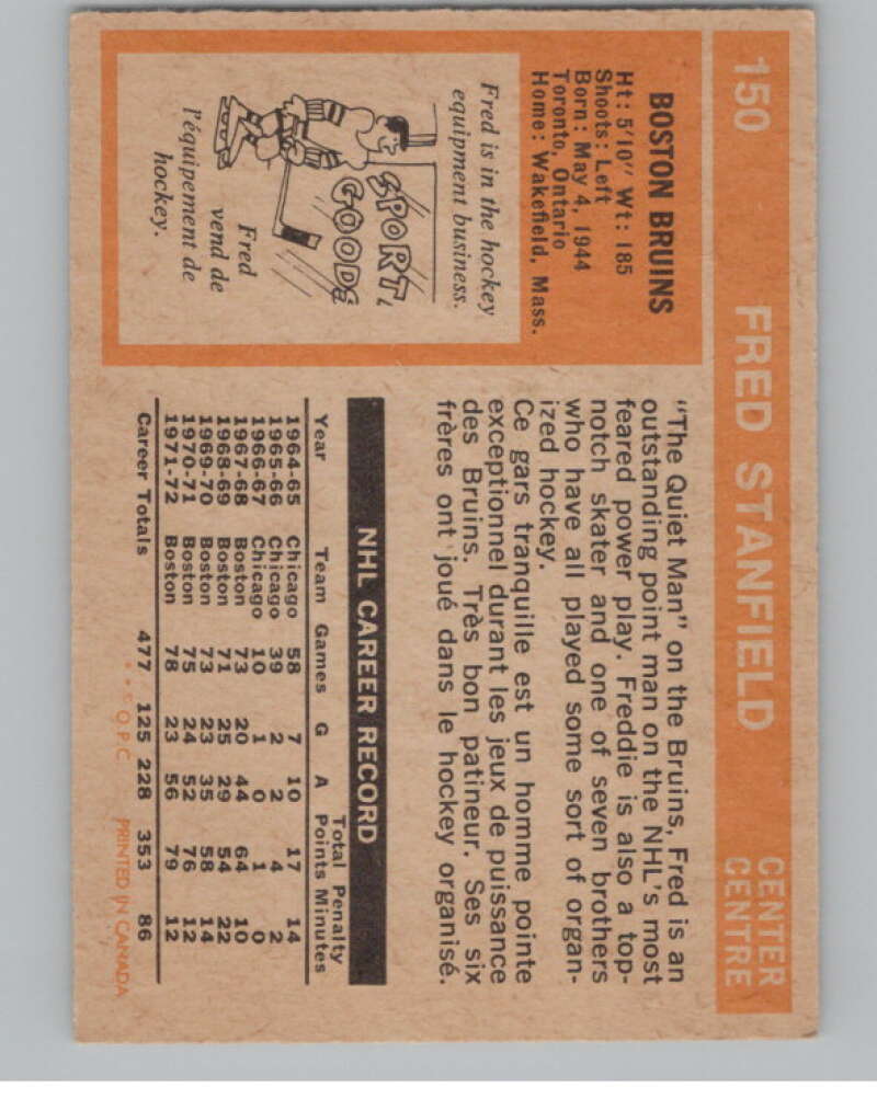 1972-73 O-Pee-Chee #150 Fred Stanfield  Boston Bruins  V99520 Image 2