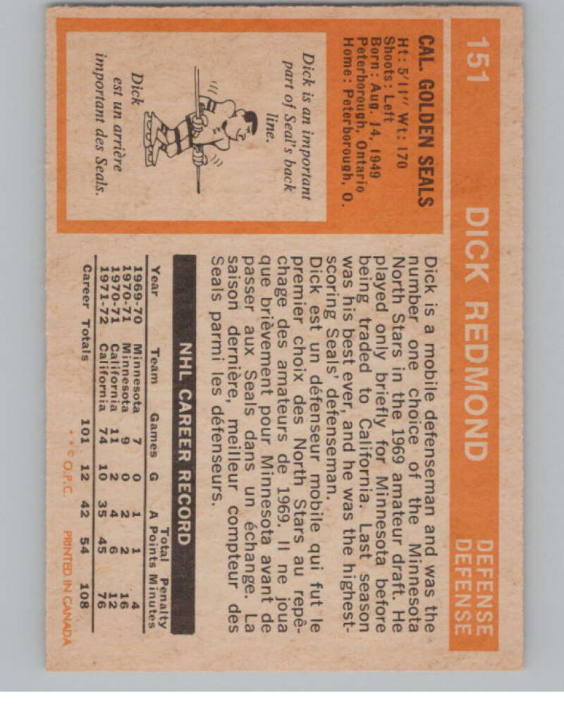 1972-73 O-Pee-Chee #151 Dick Redmond  California Golden Seals  V99522 Image 2