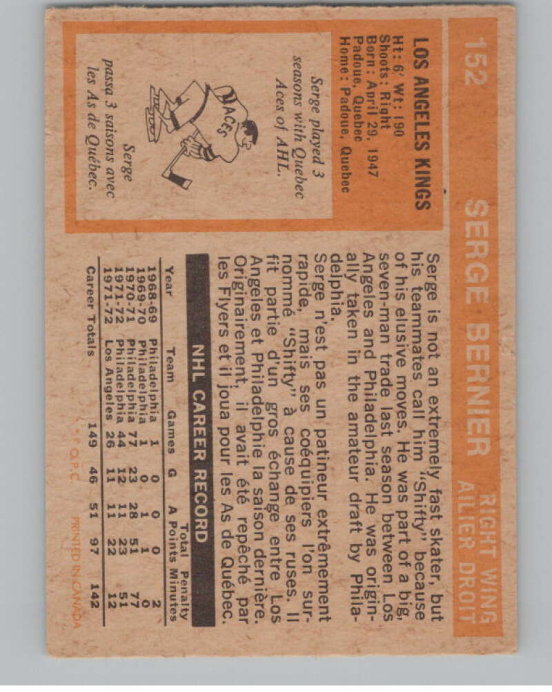 1972-73 O-Pee-Chee #152 Serge Bernier  Los Angeles Kings  V99523 Image 2