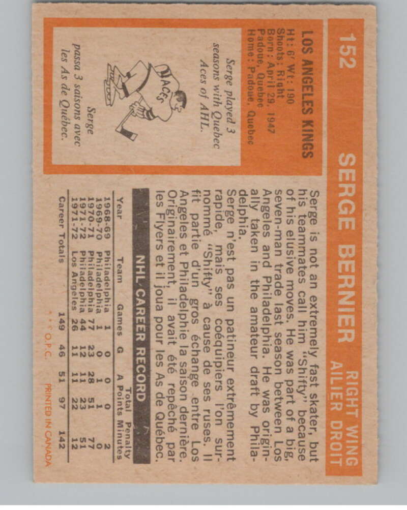 1972-73 O-Pee-Chee #152 Serge Bernier  Los Angeles Kings  V99525 Image 2
