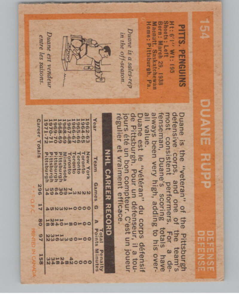 1972-73 O-Pee-Chee #154 Duane Rupp  Pittsburgh Penguins  V99526 Image 2