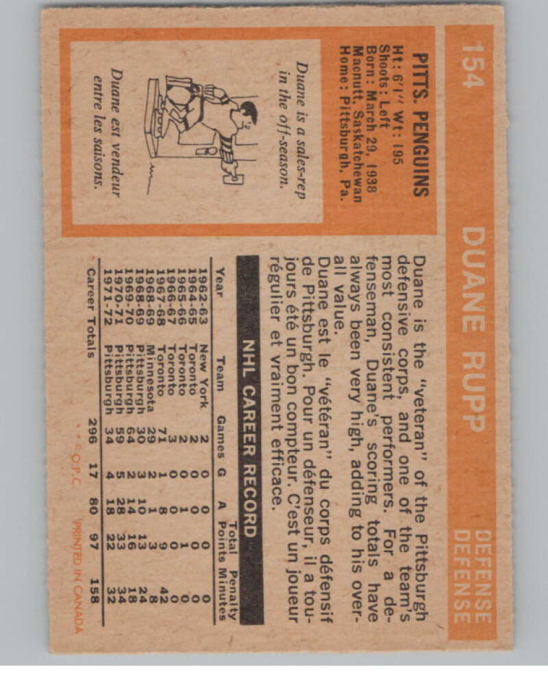 1972-73 O-Pee-Chee #154 Duane Rupp  Pittsburgh Penguins  V99527 Image 2