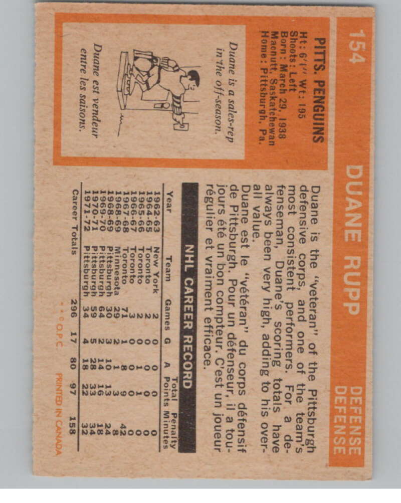 1972-73 O-Pee-Chee #154 Duane Rupp  Pittsburgh Penguins  V99528 Image 2