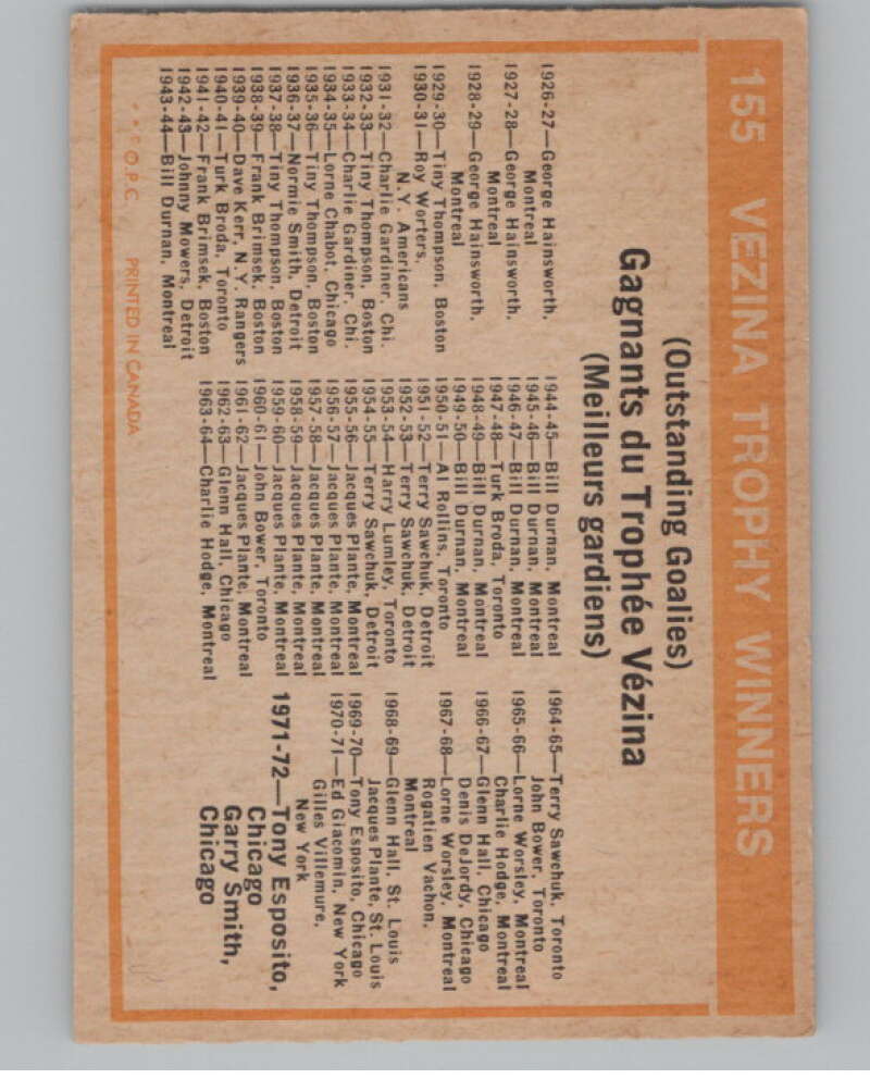 1972-73 O-Pee-Chee #155 Vezina Trophy Winners   V99529 Image 2