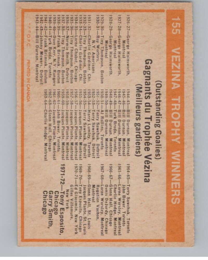 1972-73 O-Pee-Chee #155 Vezina Trophy Winners   V99530 Image 2