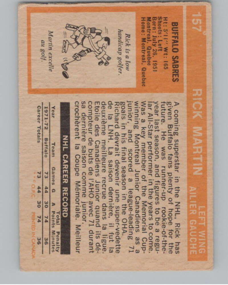 1972-73 O-Pee-Chee #157 Rick Martin  Buffalo Sabres  V99532 Image 2
