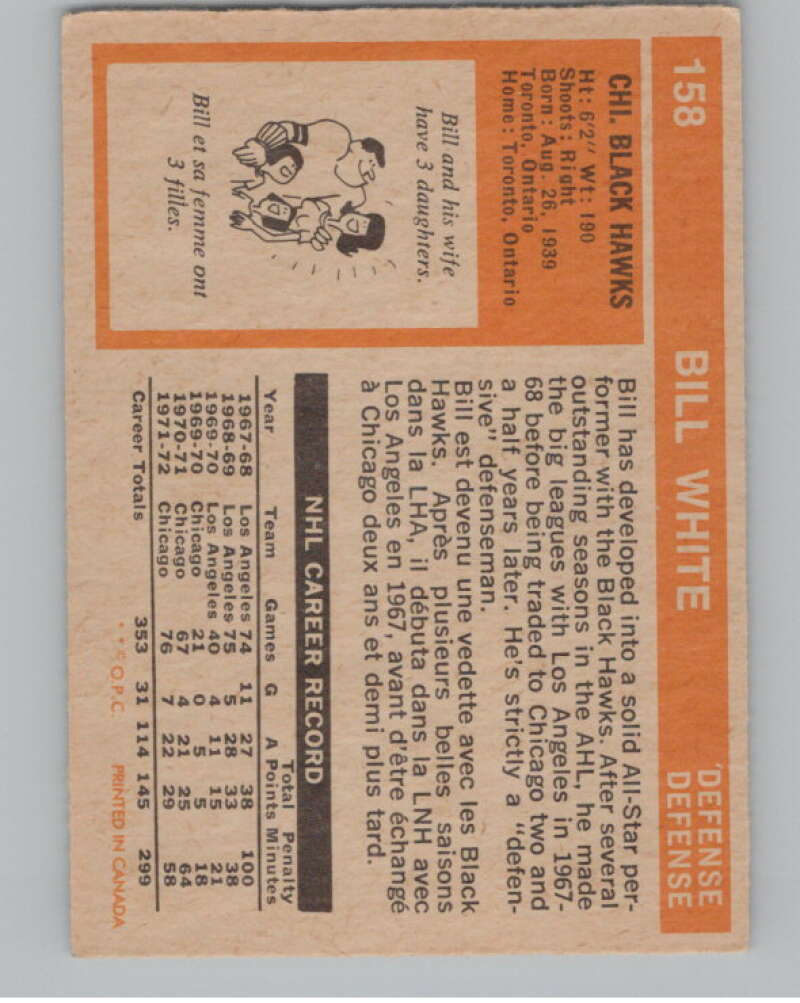 1972-73 O-Pee-Chee #158 Bill White  Chicago Blackhawks  V99533 Image 2