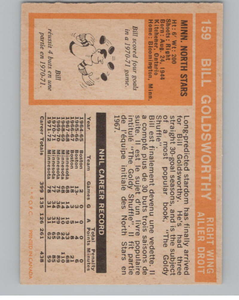 1972-73 O-Pee-Chee #159 Bill Goldsworthy  Minnesota North Stars  V99534 Image 2