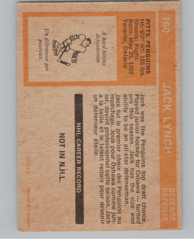 1972-73 O-Pee-Chee #160 Jack Lynch  RC Rookie Pittsburgh Penguins  V99535 Image 2