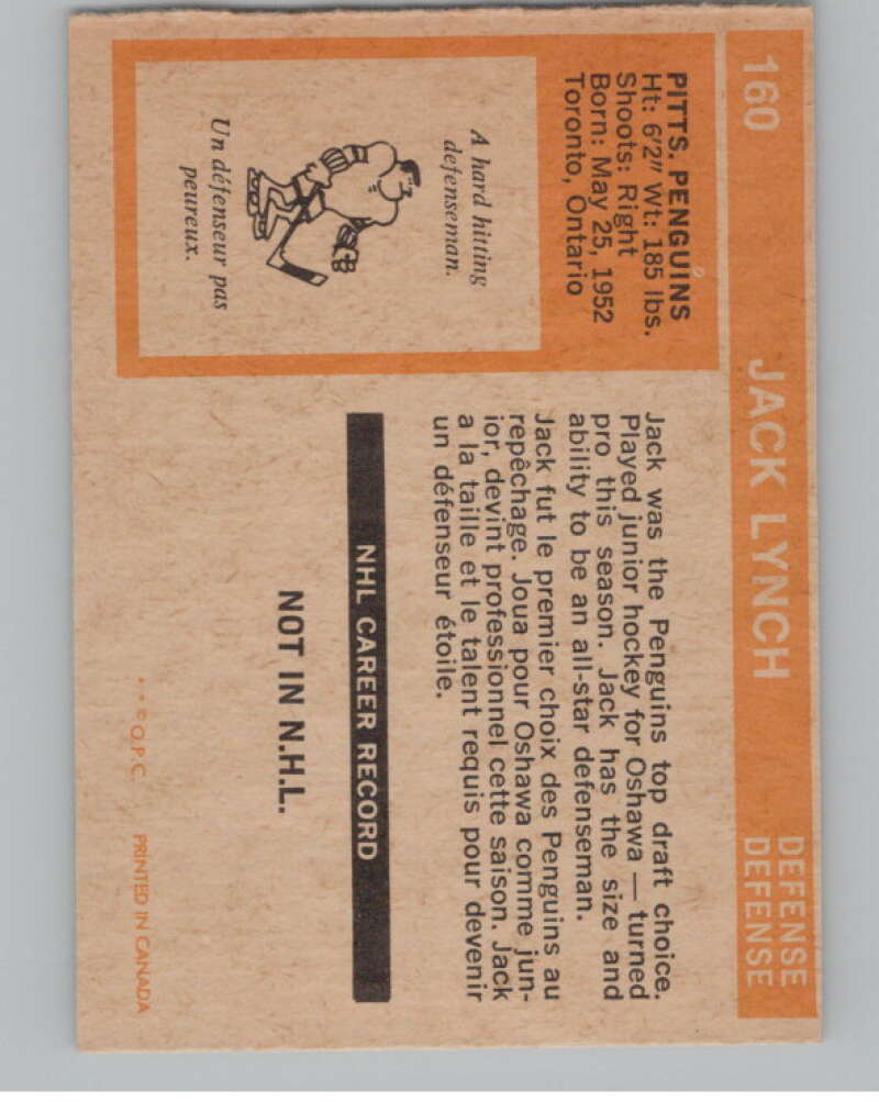 1972-73 O-Pee-Chee #160 Jack Lynch  RC Rookie Pittsburgh Penguins  V99536 Image 2