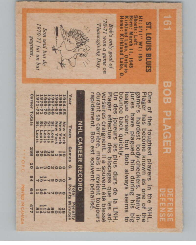 1972-73 O-Pee-Chee #161 Bob Plager  St. Louis Blues  V99537 Image 2