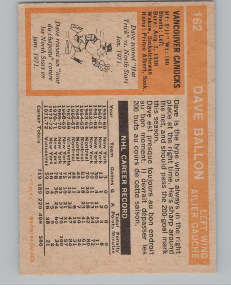 1972-73 O-Pee-Chee #162 Dave Balon Vancouver Canucks  V99539 Image 2
