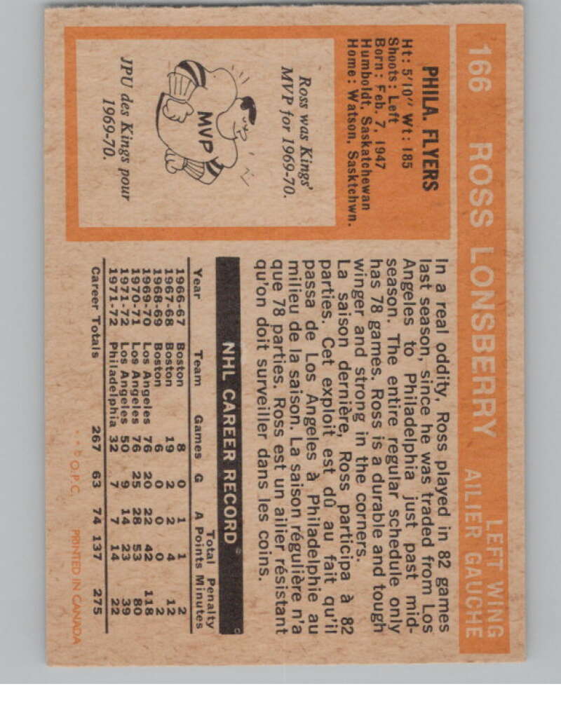 1972-73 O-Pee-Chee #166 Ross Lonsberry  Philadelphia Flyers  V99542 Image 2