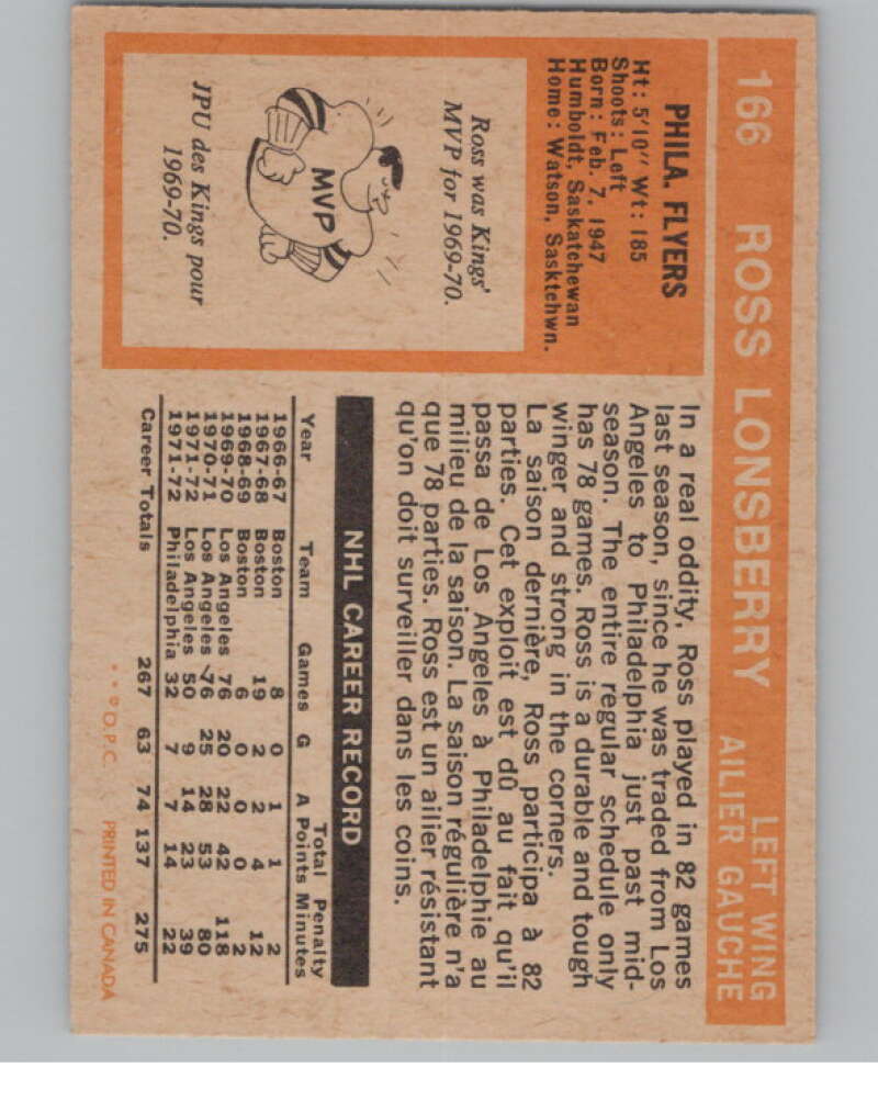 1972-73 O-Pee-Chee #166 Ross Lonsberry  Philadelphia Flyers  V99543 Image 2