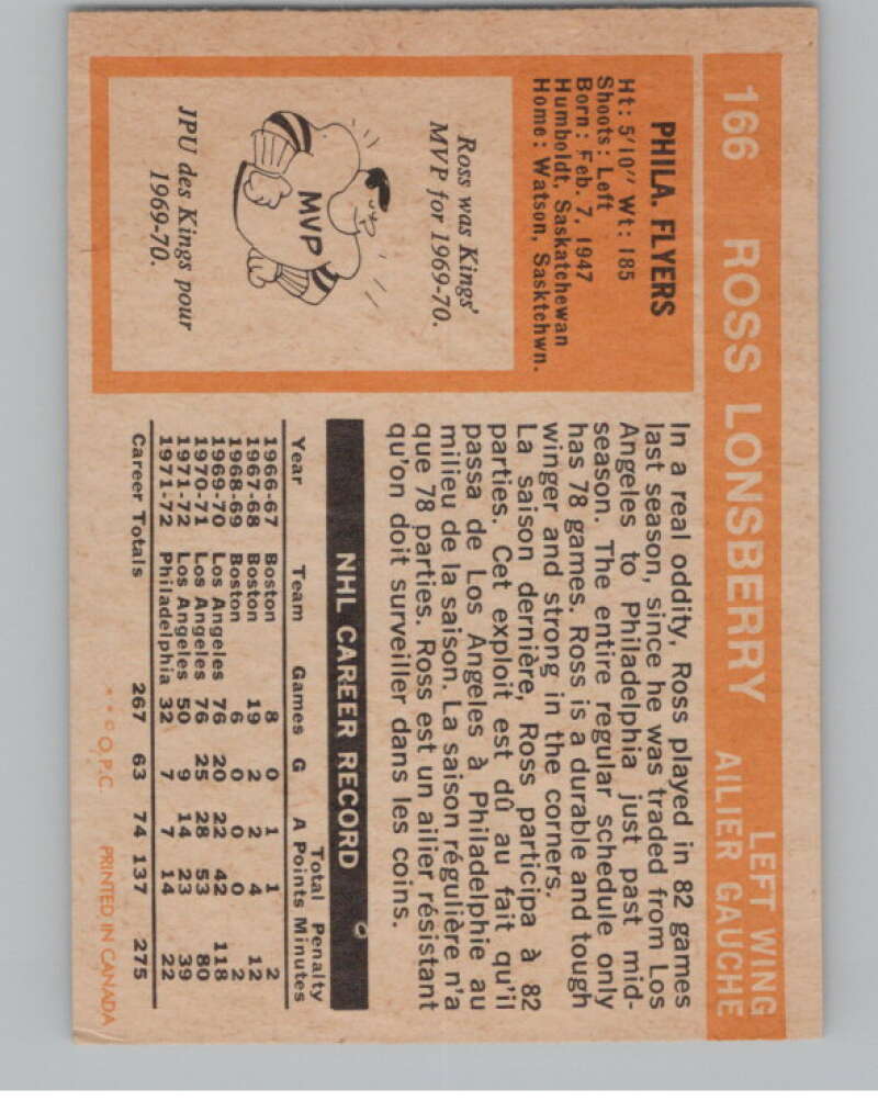 1972-73 O-Pee-Chee #166 Ross Lonsberry  Philadelphia Flyers  V99544 Image 2