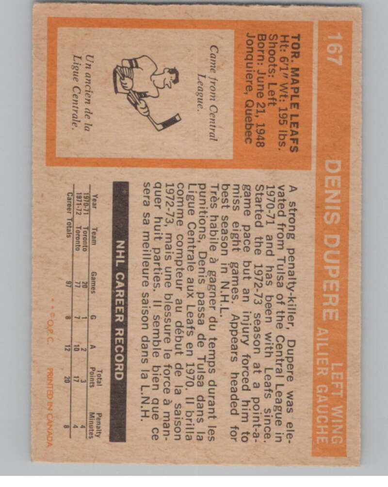 1972-73 O-Pee-Chee #167 Denis Dupere  Toronto Maple Leafs  V99545 Image 2