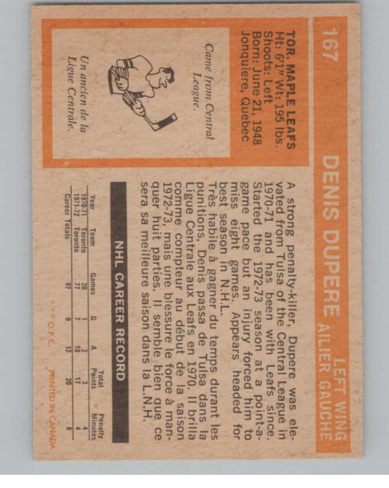 1972-73 O-Pee-Chee #167 Denis Dupere  Toronto Maple Leafs  V99546 Image 2