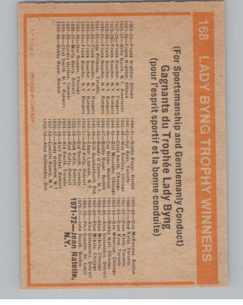 1972-73 O-Pee-Chee #168 Lady Byng Trophy   V99547 Image 2