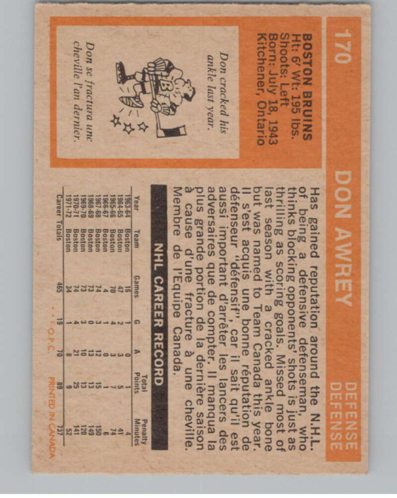 1972-73 O-Pee-Chee #170 Don Awrey  Boston Bruins  V99551 Image 2