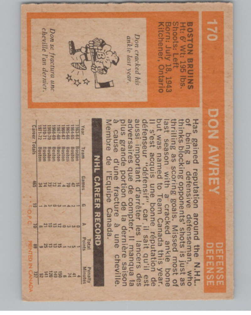 1972-73 O-Pee-Chee #170 Don Awrey  Boston Bruins  V99552 Image 2