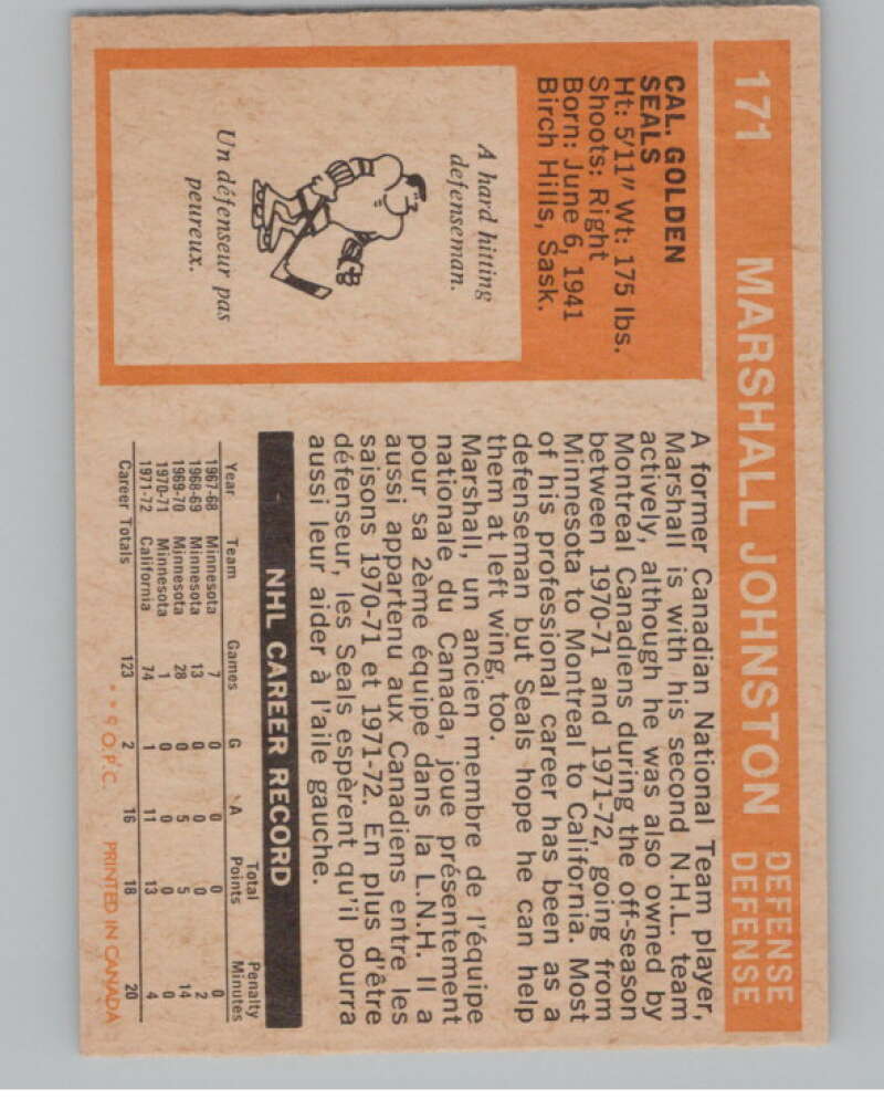 1972-73 O-Pee-Chee #171 Marshall Johnston RC Rookie Golden Seals  V99553 Image 2