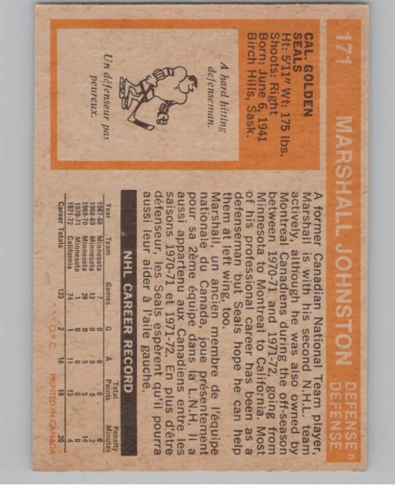 1972-73 O-Pee-Chee #171 Marshall Johnston RC Rookie Golden Seals  V99554 Image 2