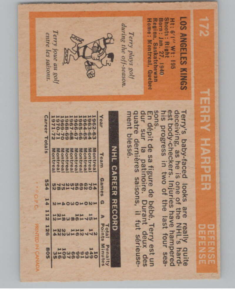 1972-73 O-Pee-Chee #172 Terry Harper  Los Angeles Kings  V99555 Image 2
