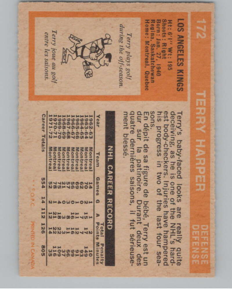 1972-73 O-Pee-Chee #172 Terry Harper  Los Angeles Kings  V99556 Image 2