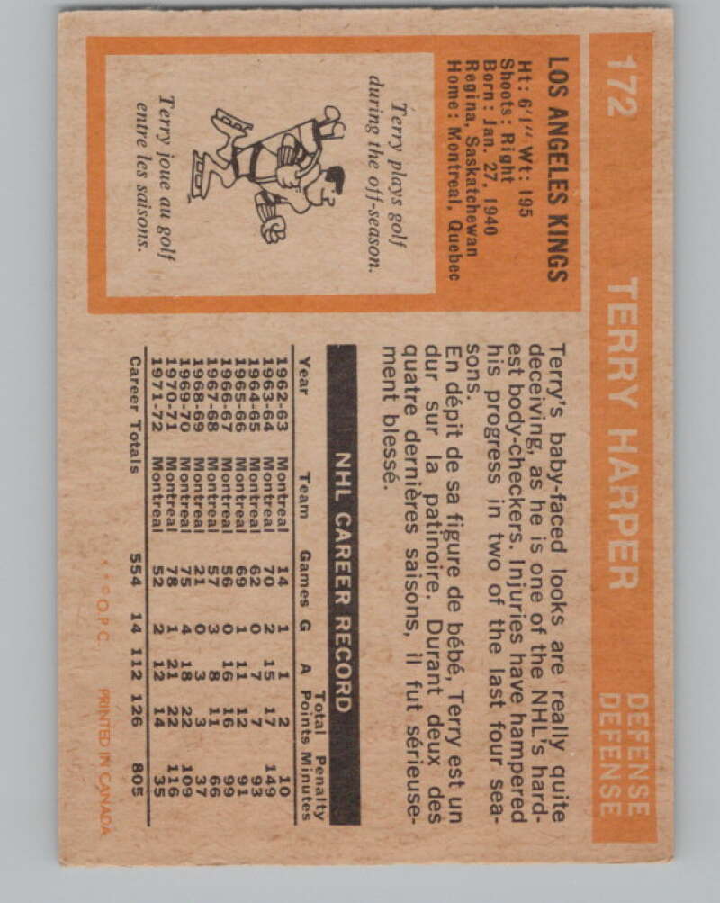 1972-73 O-Pee-Chee #172 Terry Harper  Los Angeles Kings  V99557 Image 2