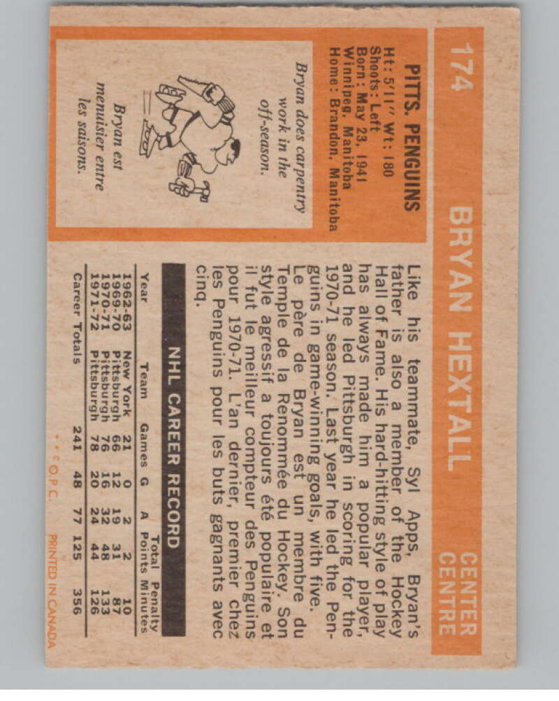 1972-73 O-Pee-Chee #174 Bryan Hextall  Pittsburgh Penguins  V99559 Image 2