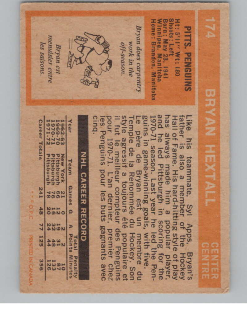 1972-73 O-Pee-Chee #174 Bryan Hextall  Pittsburgh Penguins  V99560 Image 2