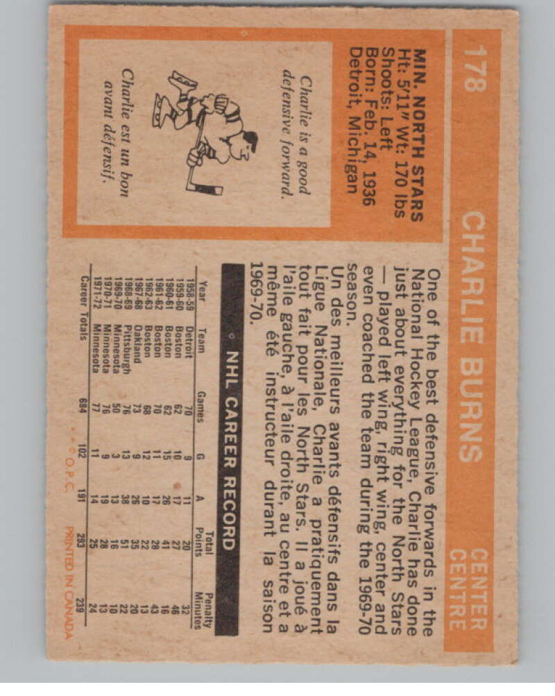 1972-73 O-Pee-Chee #178 Charlie Burns  Minnesota North Stars  V99566 Image 2