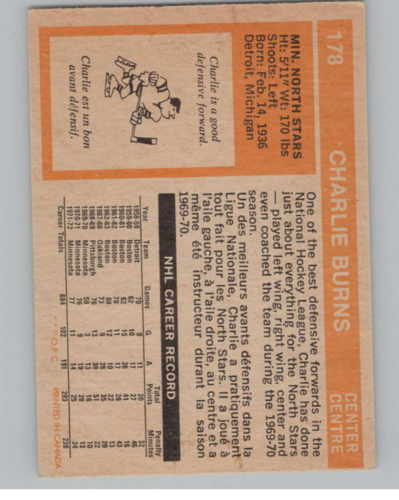 1972-73 O-Pee-Chee #178 Charlie Burns  Minnesota North Stars  V99567 Image 2