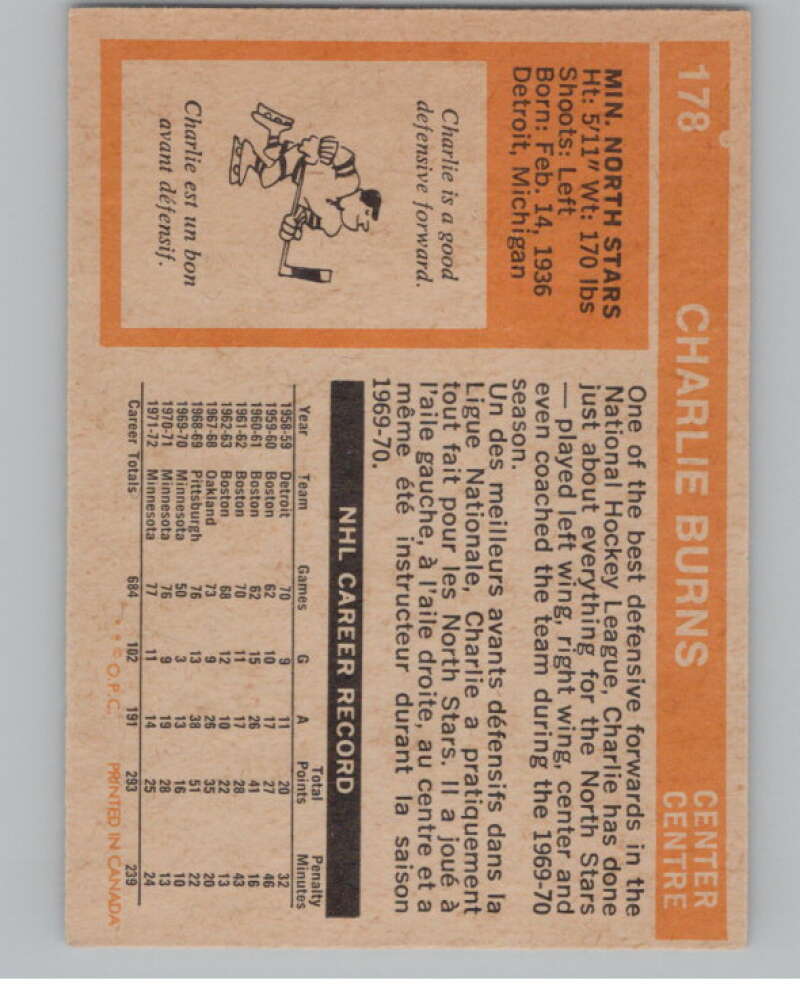 1972-73 O-Pee-Chee #178 Charlie Burns  Minnesota North Stars  V99568 Image 2