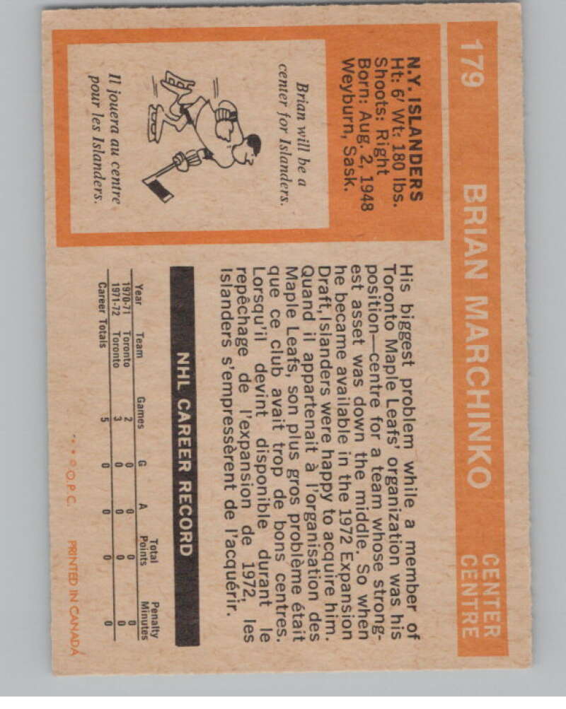 1972-73 O-Pee-Chee #179 Brian Marchinko  RC Rookie New York Islanders  V99570 Image 2