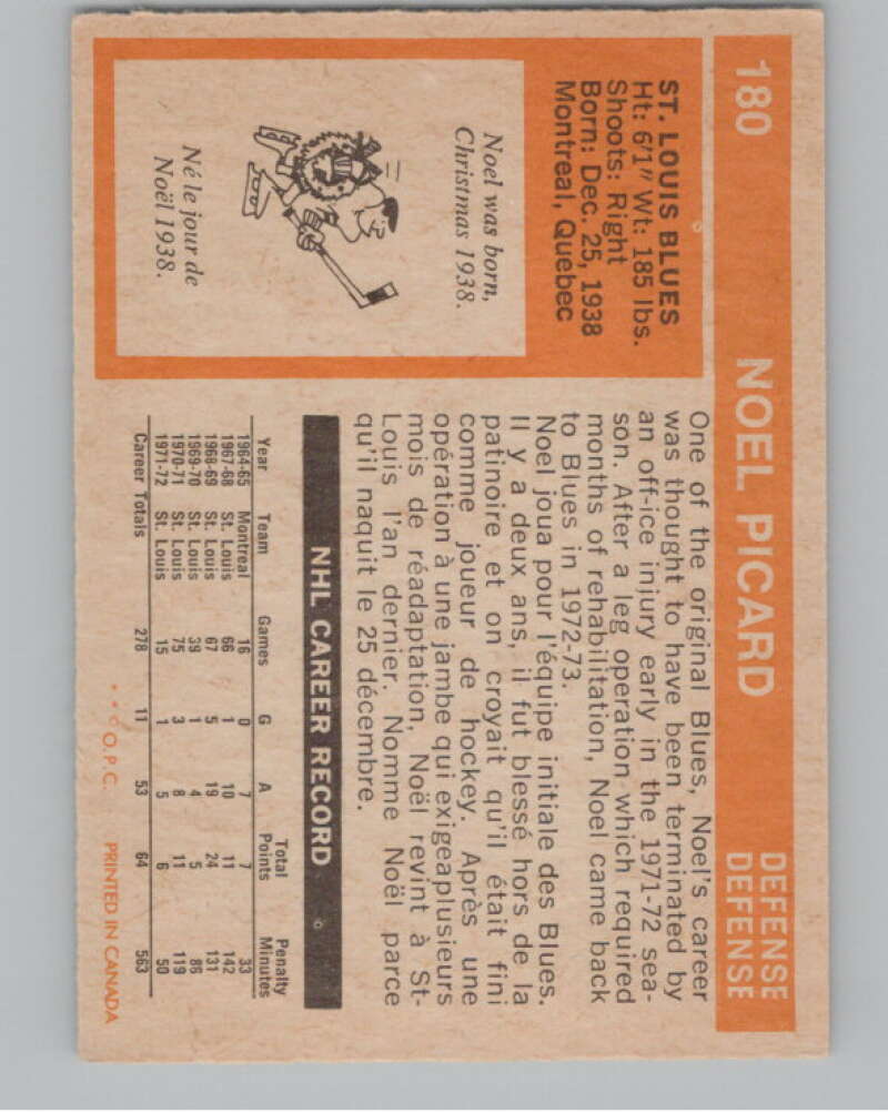 1972-73 O-Pee-Chee #180 Noel Picard  St. Louis Blues  V99571 Image 2