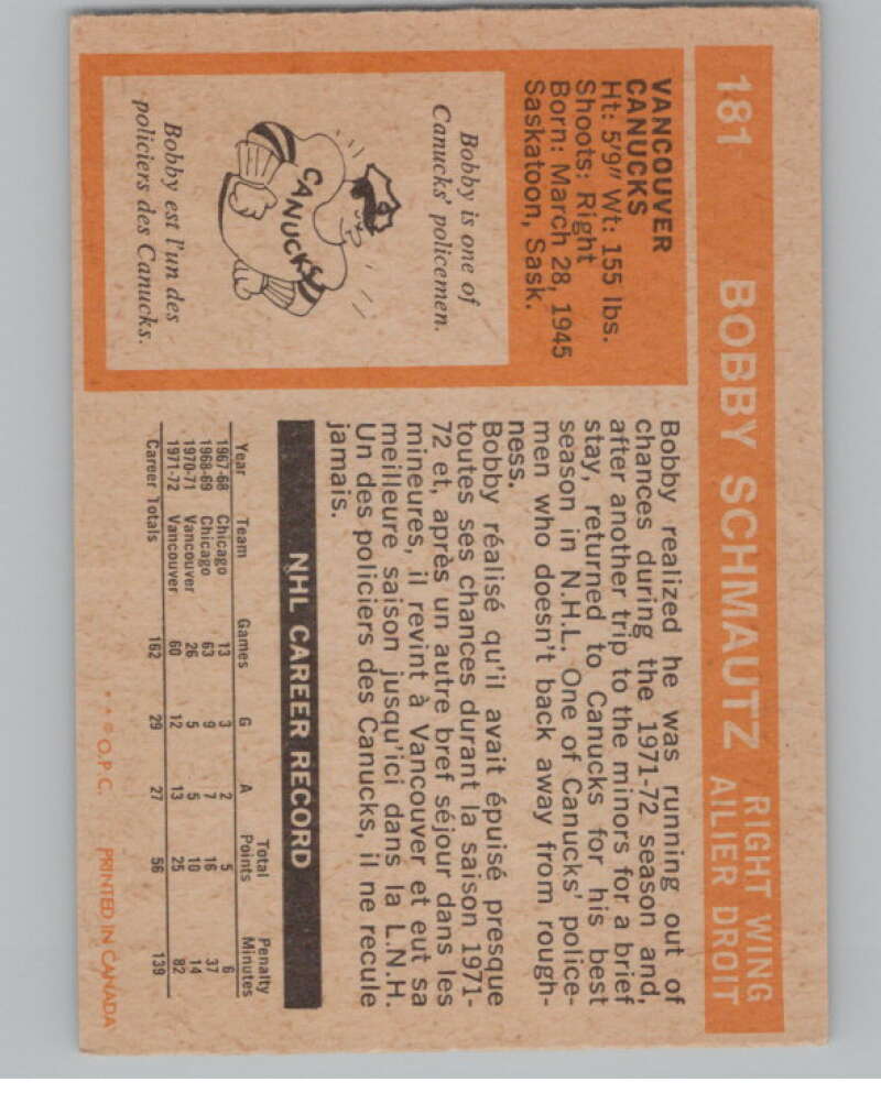 1972-73 O-Pee-Chee #181 Bobby Schmautz  RC Rookie Vancouver Canucks  V99572 Image 2