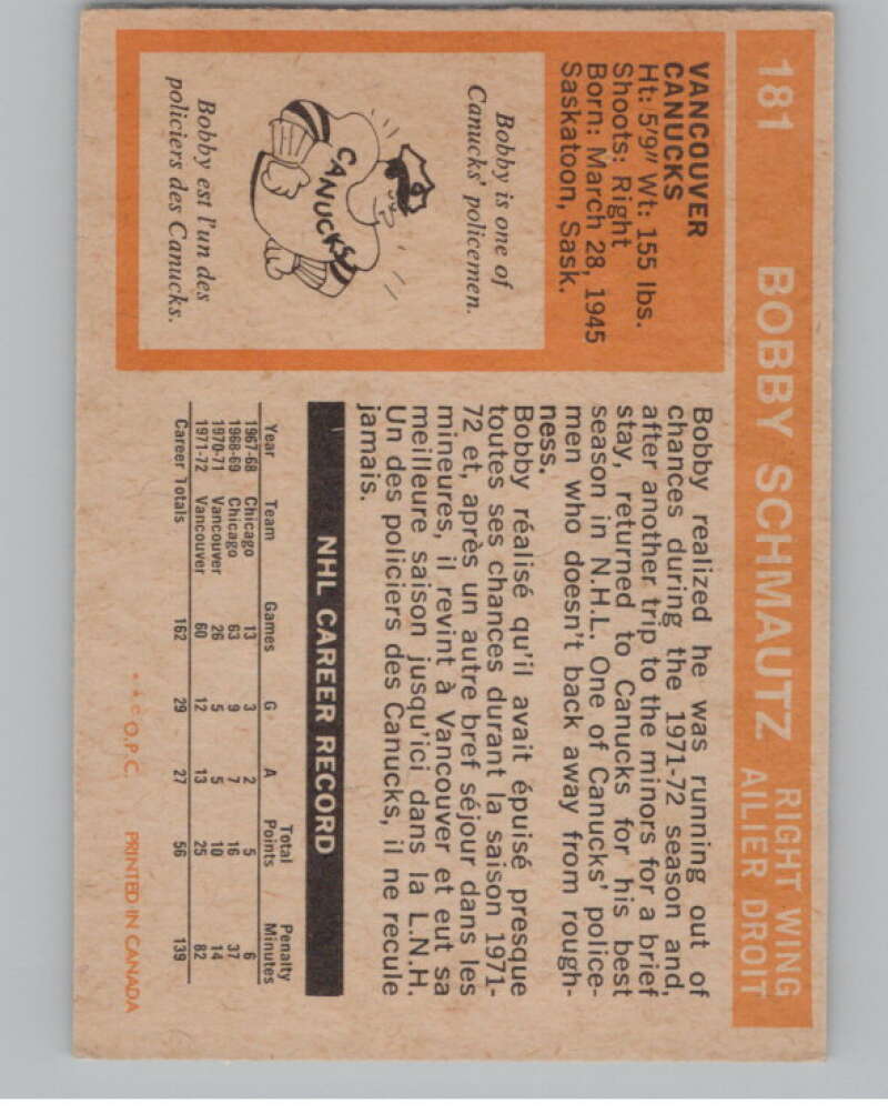 1972-73 O-Pee-Chee #181 Bobby Schmautz  RC Rookie Vancouver Canucks  V99573 Image 2