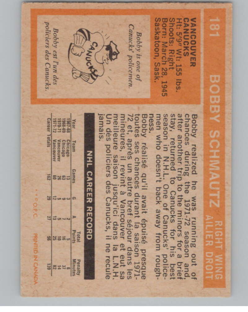 1972-73 O-Pee-Chee #181 Bobby Schmautz  RC Rookie Vancouver Canucks  V99574 Image 2