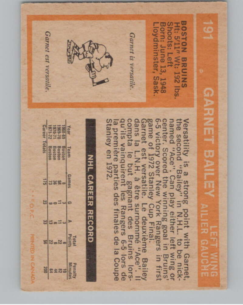 1972-73 O-Pee-Chee #191 Ace Bailey  Boston Bruins  V99575 Image 2