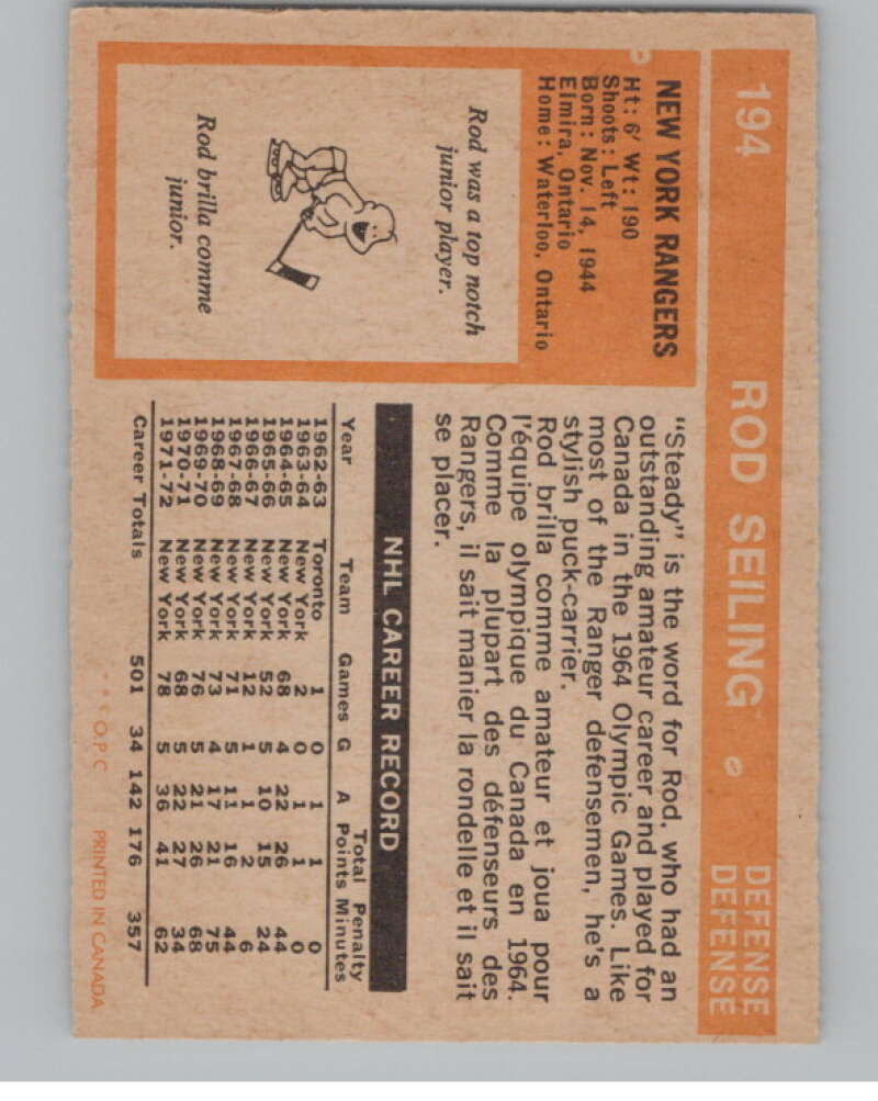 1972-73 O-Pee-Chee #194 Rod Seiling  New York Rangers  V99576 Image 2
