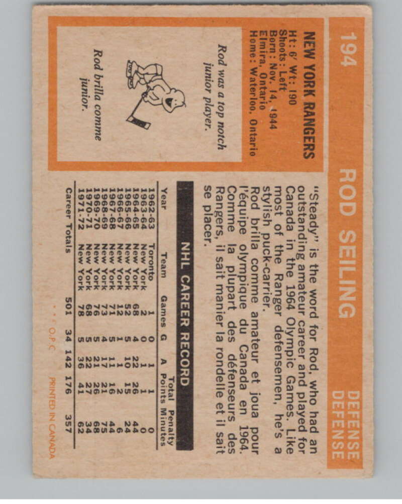 1972-73 O-Pee-Chee #194 Rod Seiling  New York Rangers  V99577 Image 2
