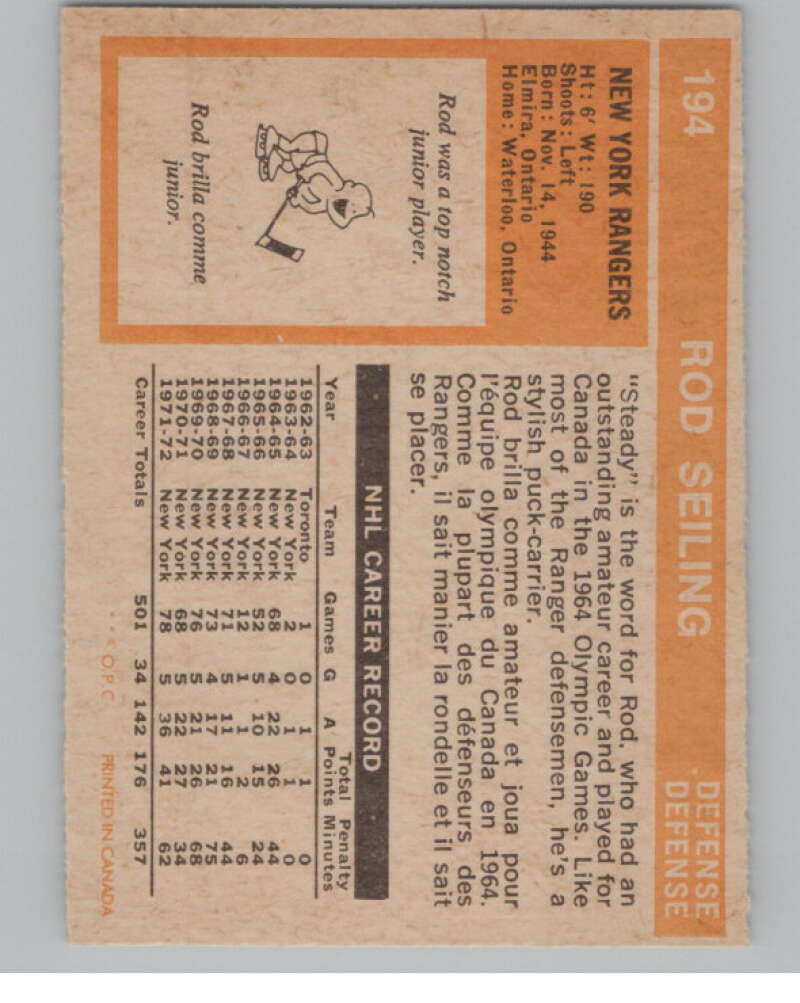 1972-73 O-Pee-Chee #194 Rod Seiling  New York Rangers  V99578 Image 2