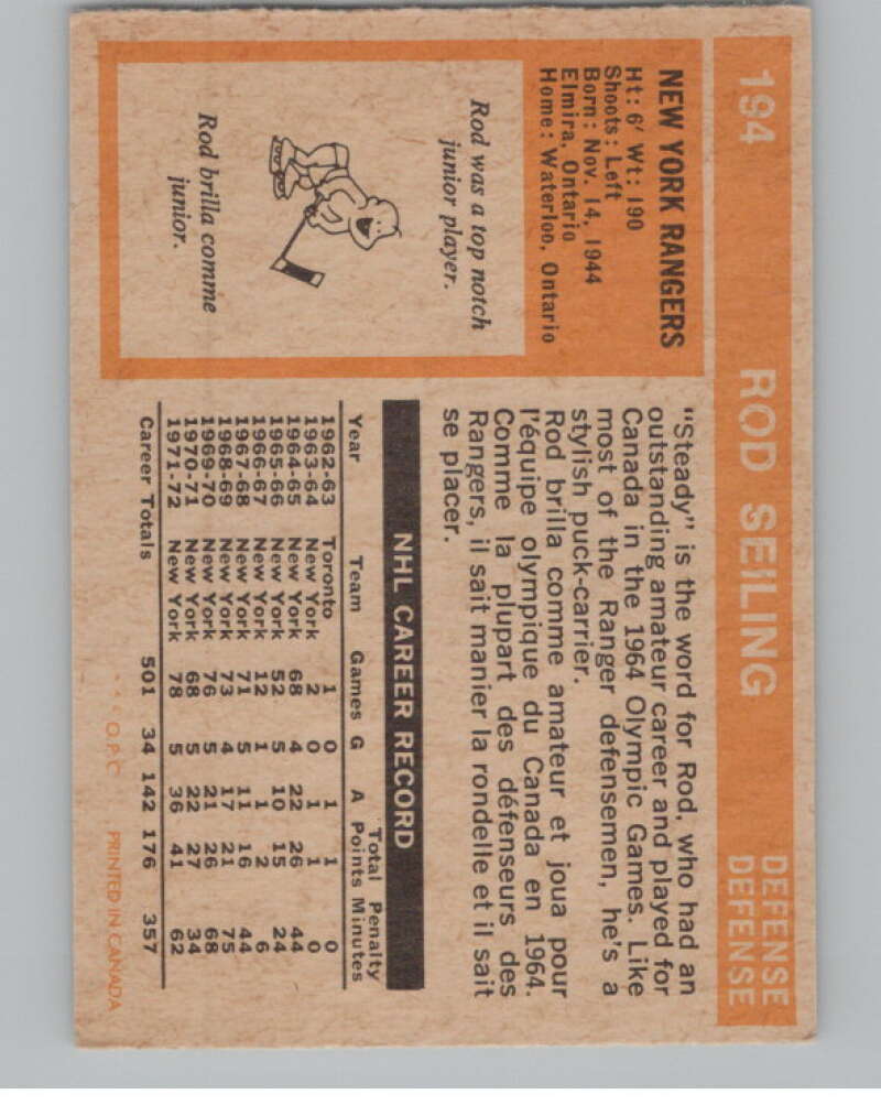 1972-73 O-Pee-Chee #194 Rod Seiling  New York Rangers  V99579 Image 2