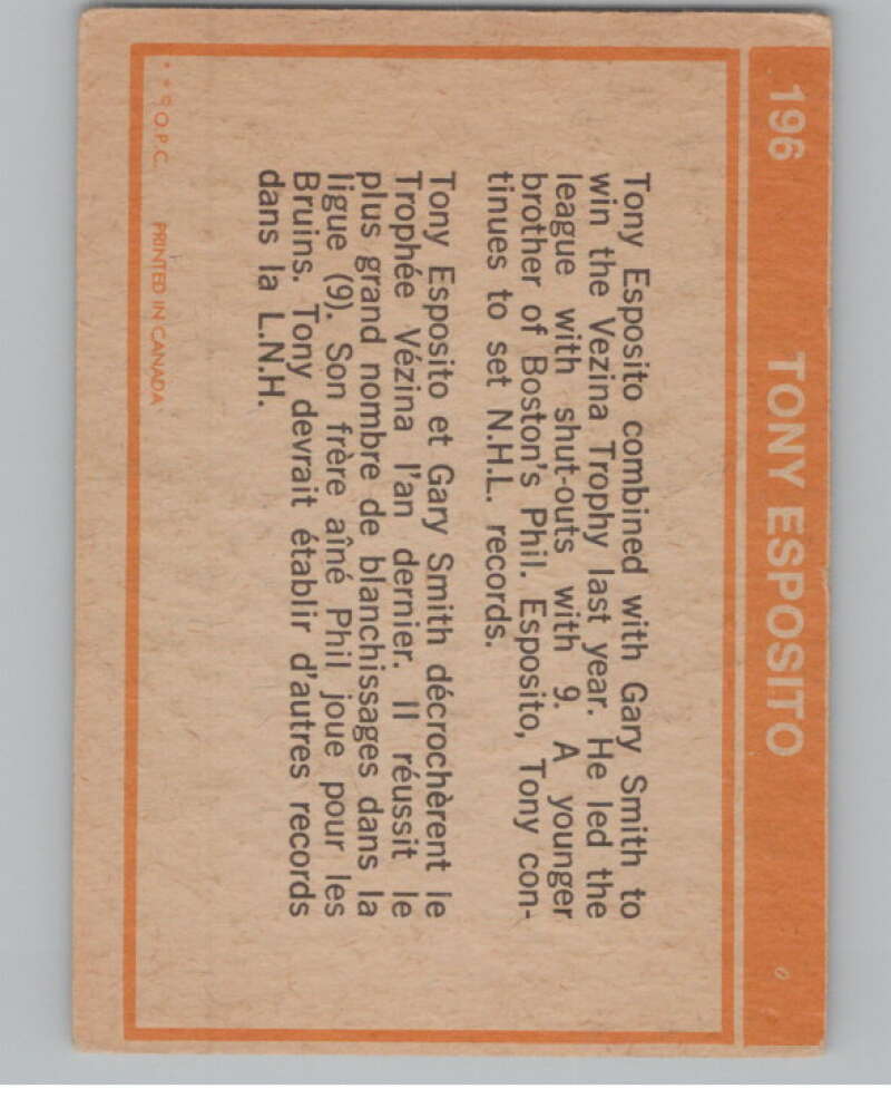1972-73 O-Pee-Chee #196 Tony Esposito  Chicago Blackhawks  V99580 Image 2