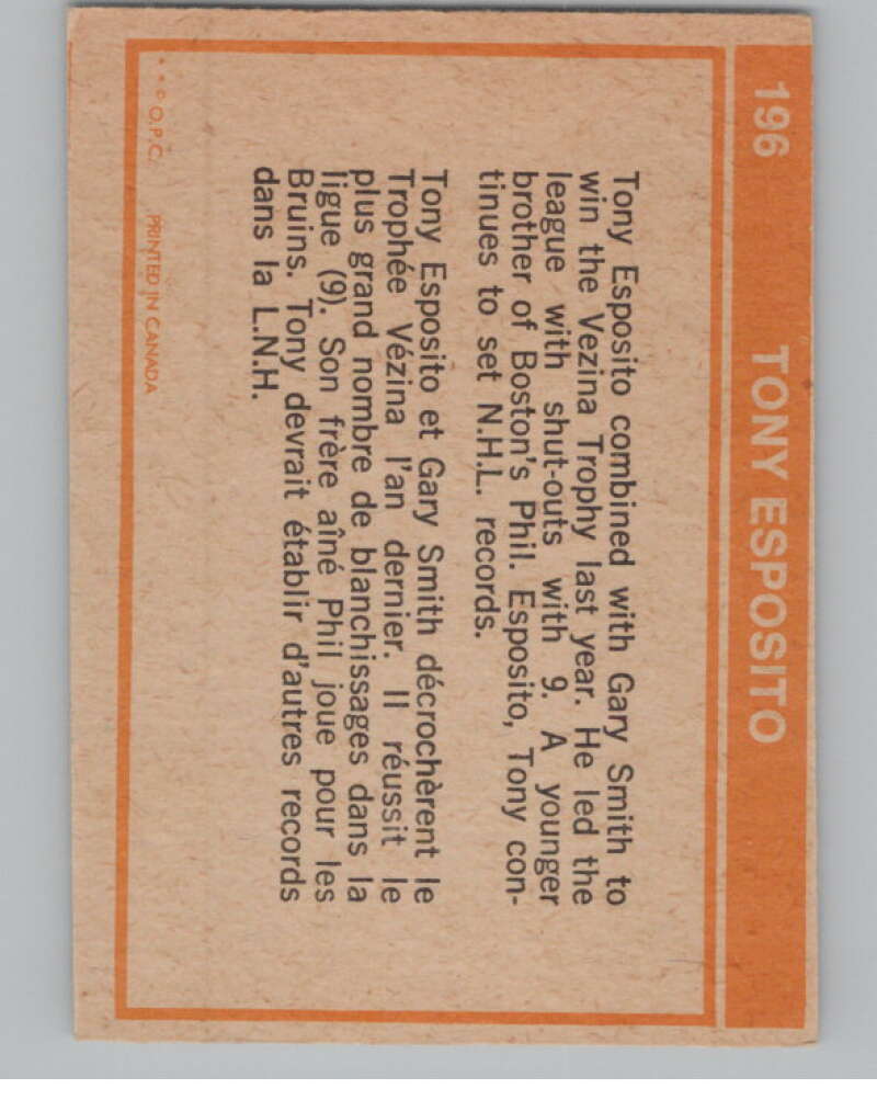 1972-73 O-Pee-Chee #196 Tony Esposito  Chicago Blackhawks  V99581 Image 2