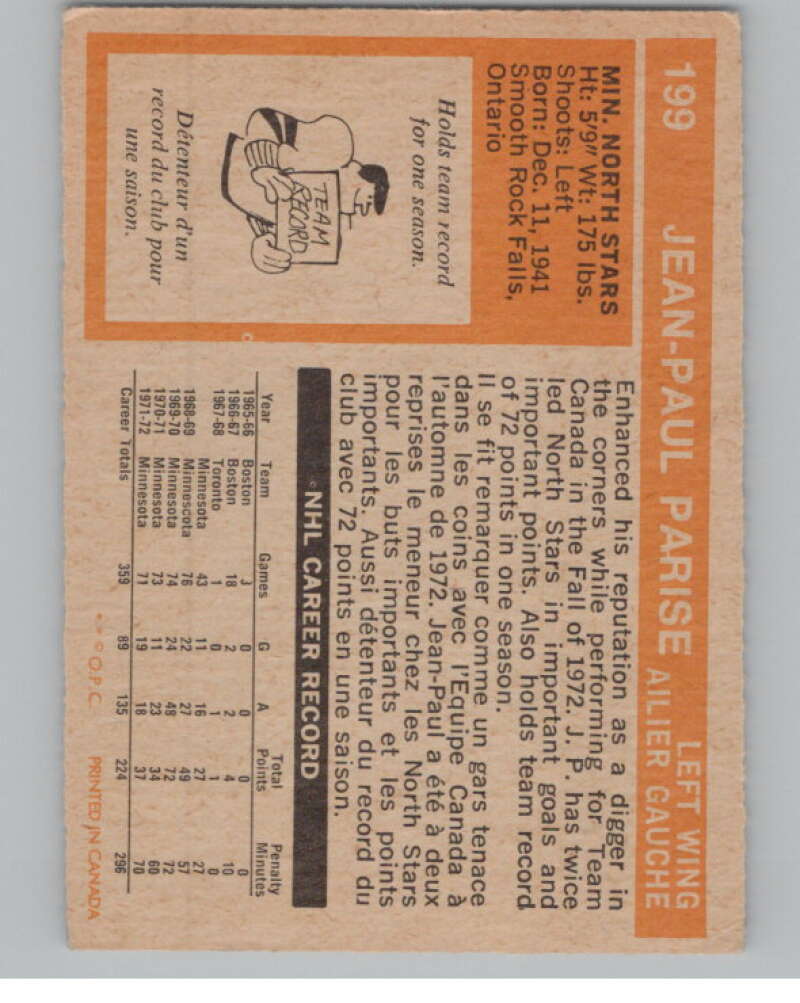 1972-73 O-Pee-Chee #199 J.P. Parise  Minnesota North Stars  V99584 Image 2