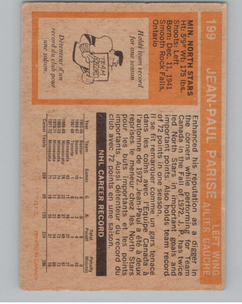 1972-73 O-Pee-Chee #199 J.P. Parise  Minnesota North Stars  V99585 Image 2